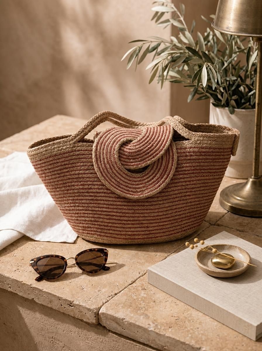 Le sac Dendérah en corde de coton posé dans une ambiance lifestyle avec des lunettes de soleil, un bijou et une plante.