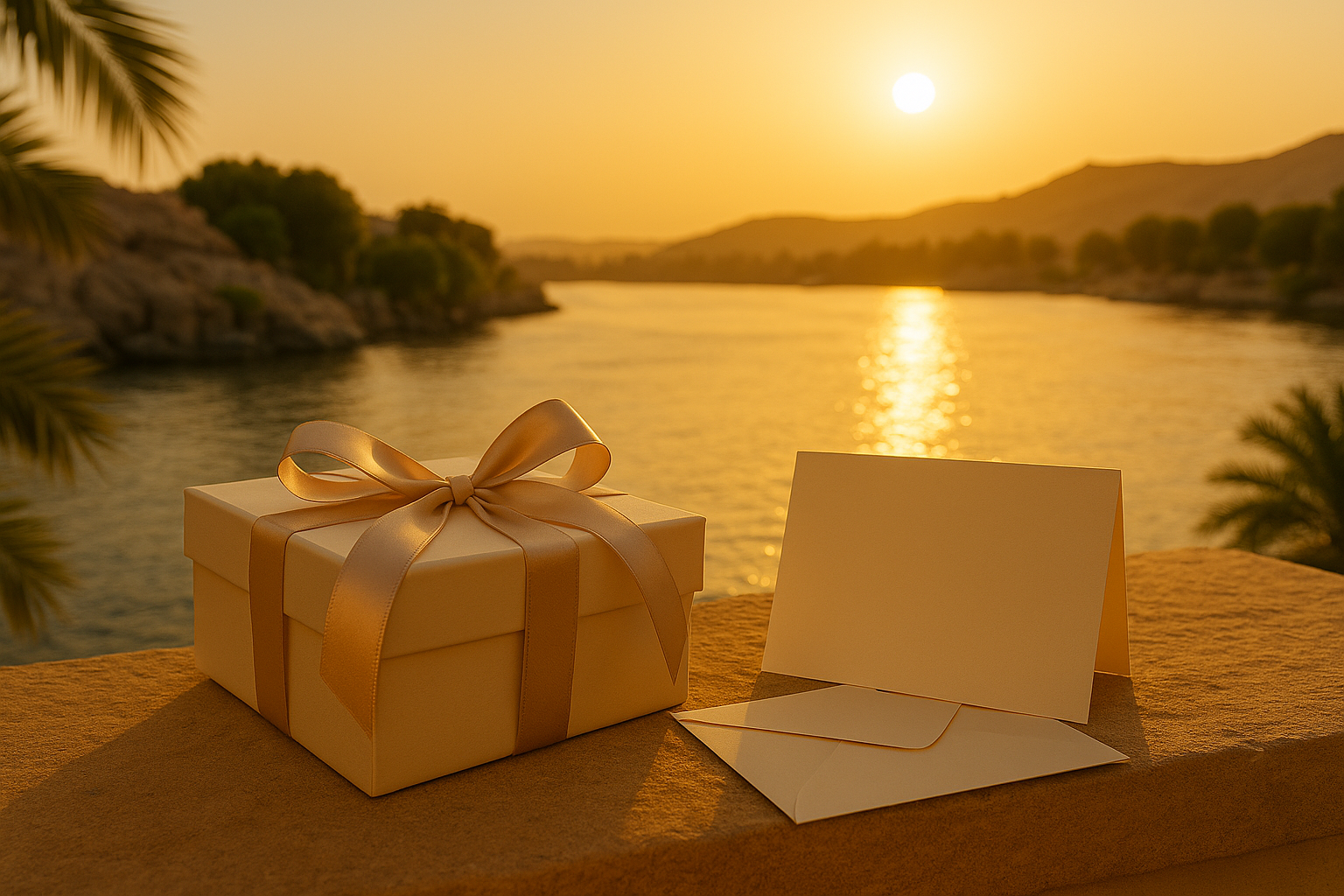 Un emballage cadeau au bord du nil, soleil couchant