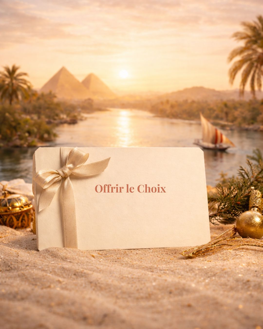 une carte cadeau devant le nil et les pyramides en arrière plan