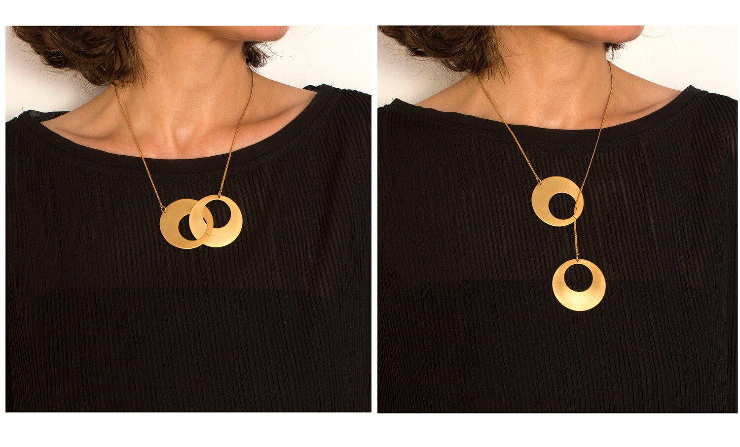Collier Duo Cercles grand modèle porté  en 2 versions: ras-du-cou – deux cercles liés pour un style graphique et affirmé, ou en pendentif long – un anneau descendant pour une allure élégante.