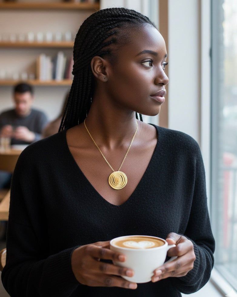 Collier Liquify Orbits porté au quotidien, bijou changeable en laiton au design contemporain.