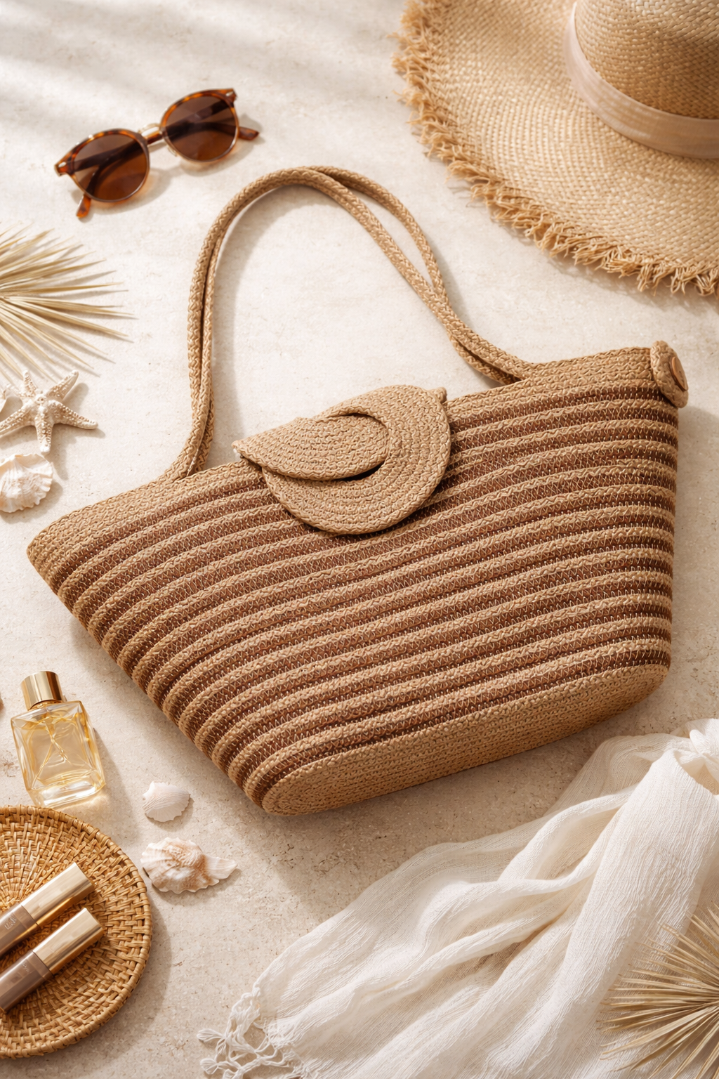 Sac Karnak en corde de coton tressée rayé beige et marron, ambiance naturelle.