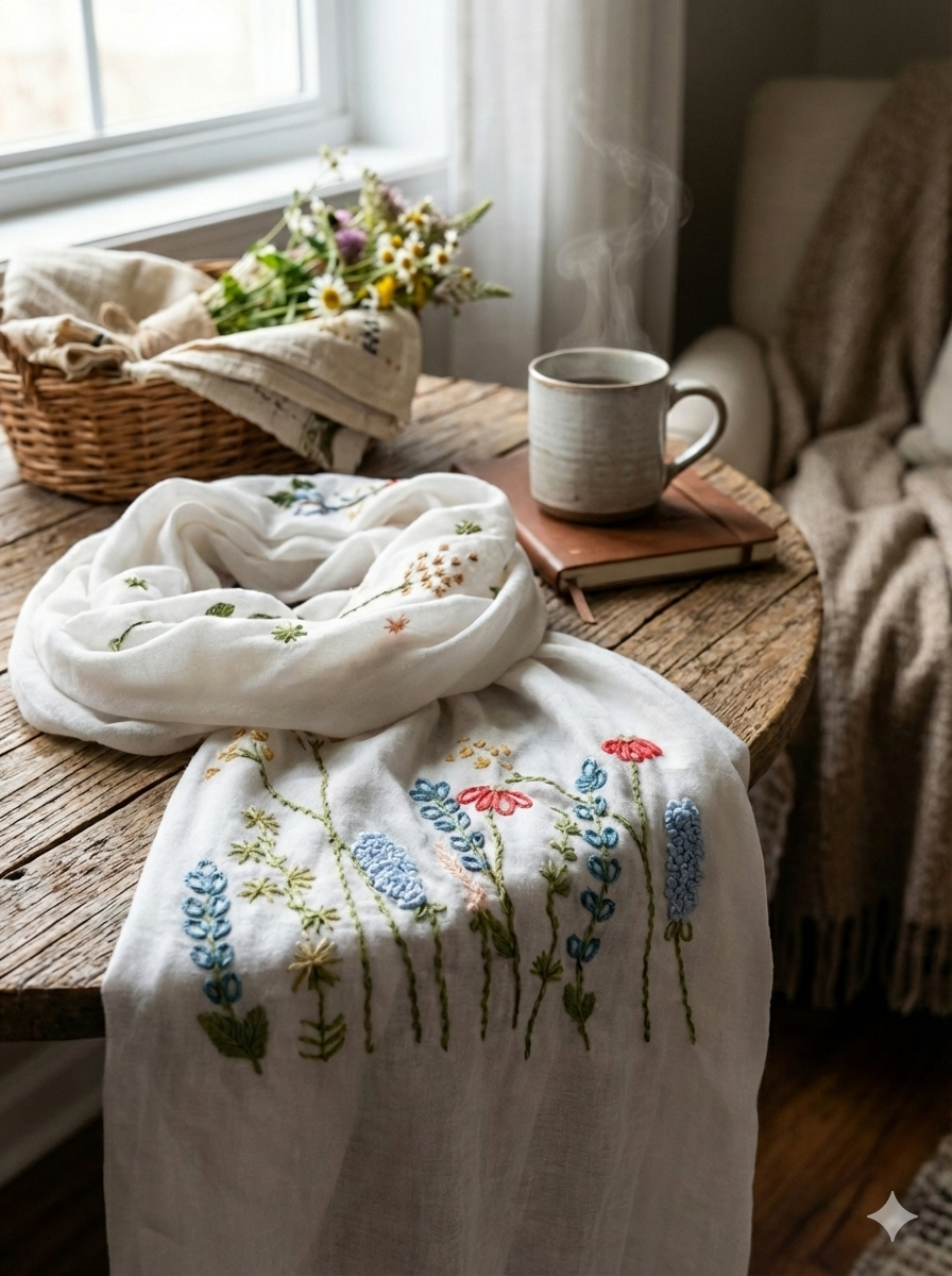 Écharpe Perla écrue brodée main dans une ambiance chaleureuse.