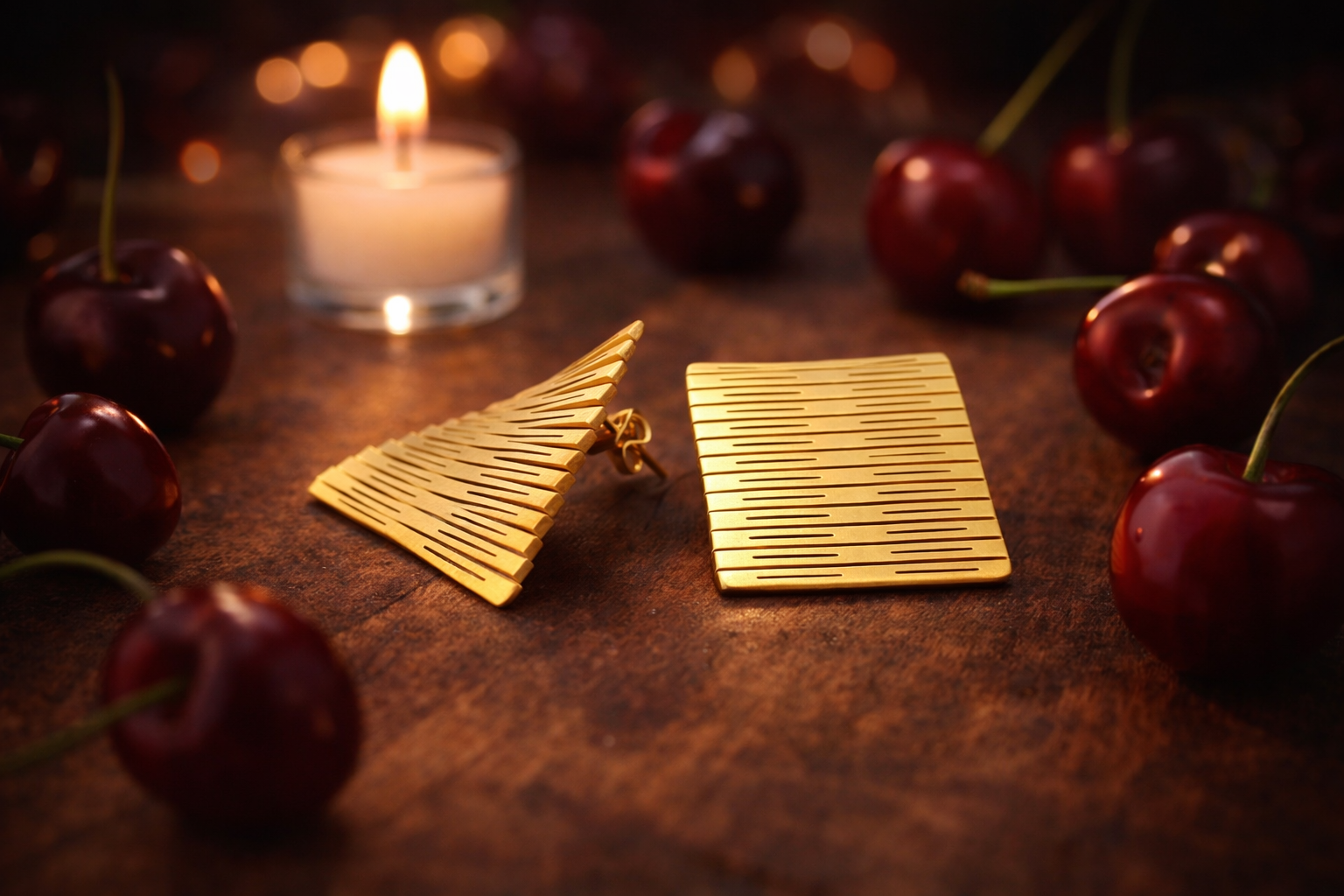 Boucles d’oreilles Liquify carré en laiton artisanal doré, faites main, posées sur une table avec cerises et bougie dans une ambiance Saint-Valentin.