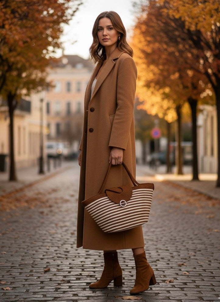 Sac Saqqarah marron et blanc porté à la main.