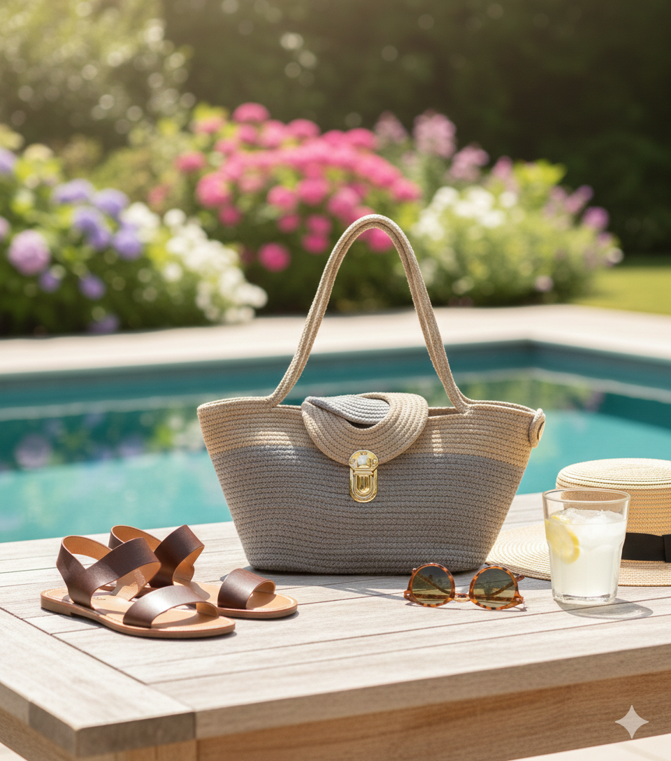 Sac Cairo artisanal gris et beige en ambiance extérieure.