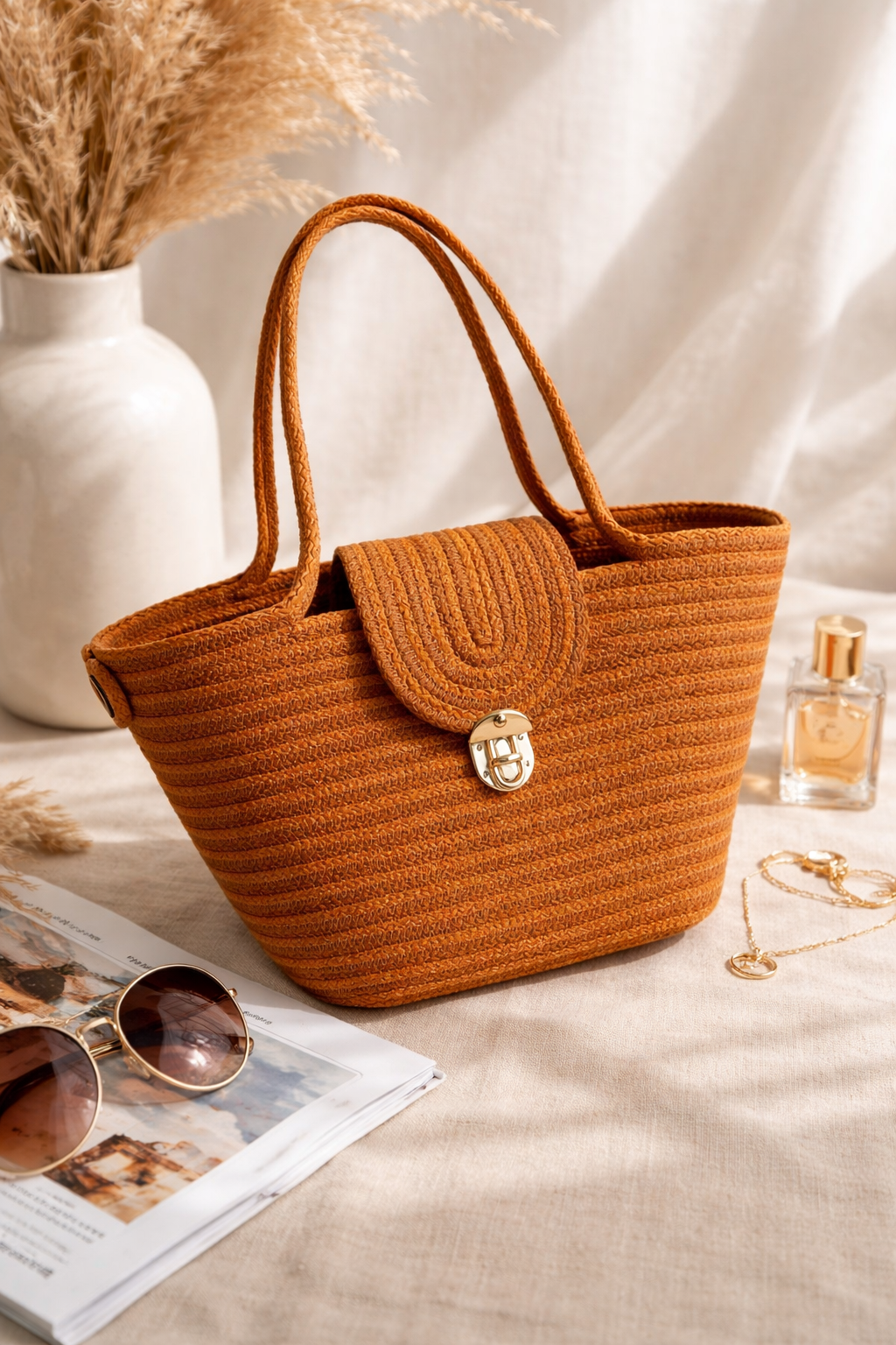 Sac Amarna Terracotta et Moutarde en corde de coton tressée  dans une ambiance life style.