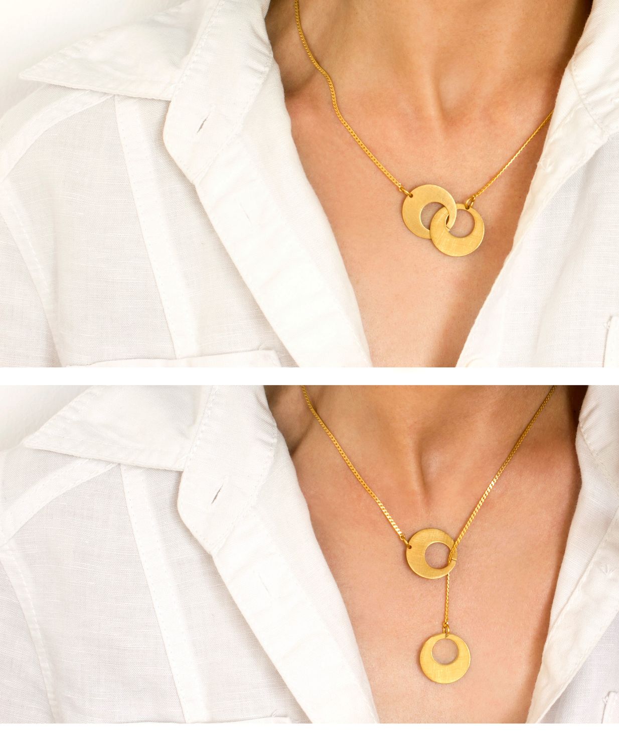 Collier Duo Cercles petit modèle porté en 2 version. 2 cercles entrelacés et pendentif long – un anneau descendant pour une allure élégante.
