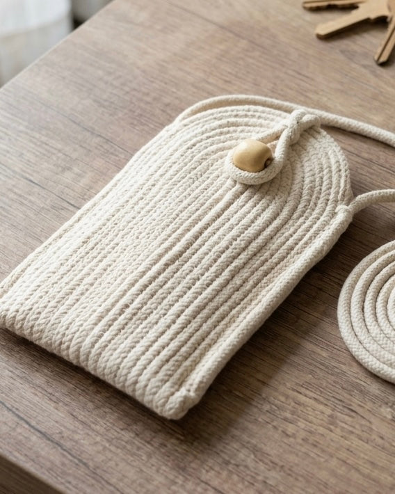 Détails pochette mobile écrue en corde de coton