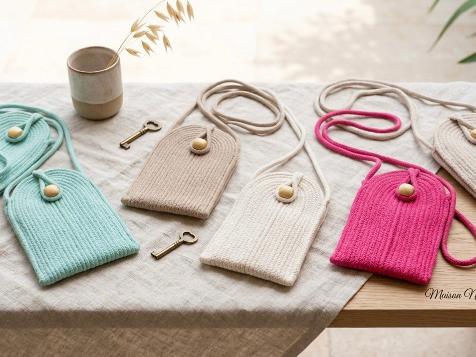 Pochette téléphone en corde de coton – 4 coloris : vert menthe, beige, écru, fuchsia