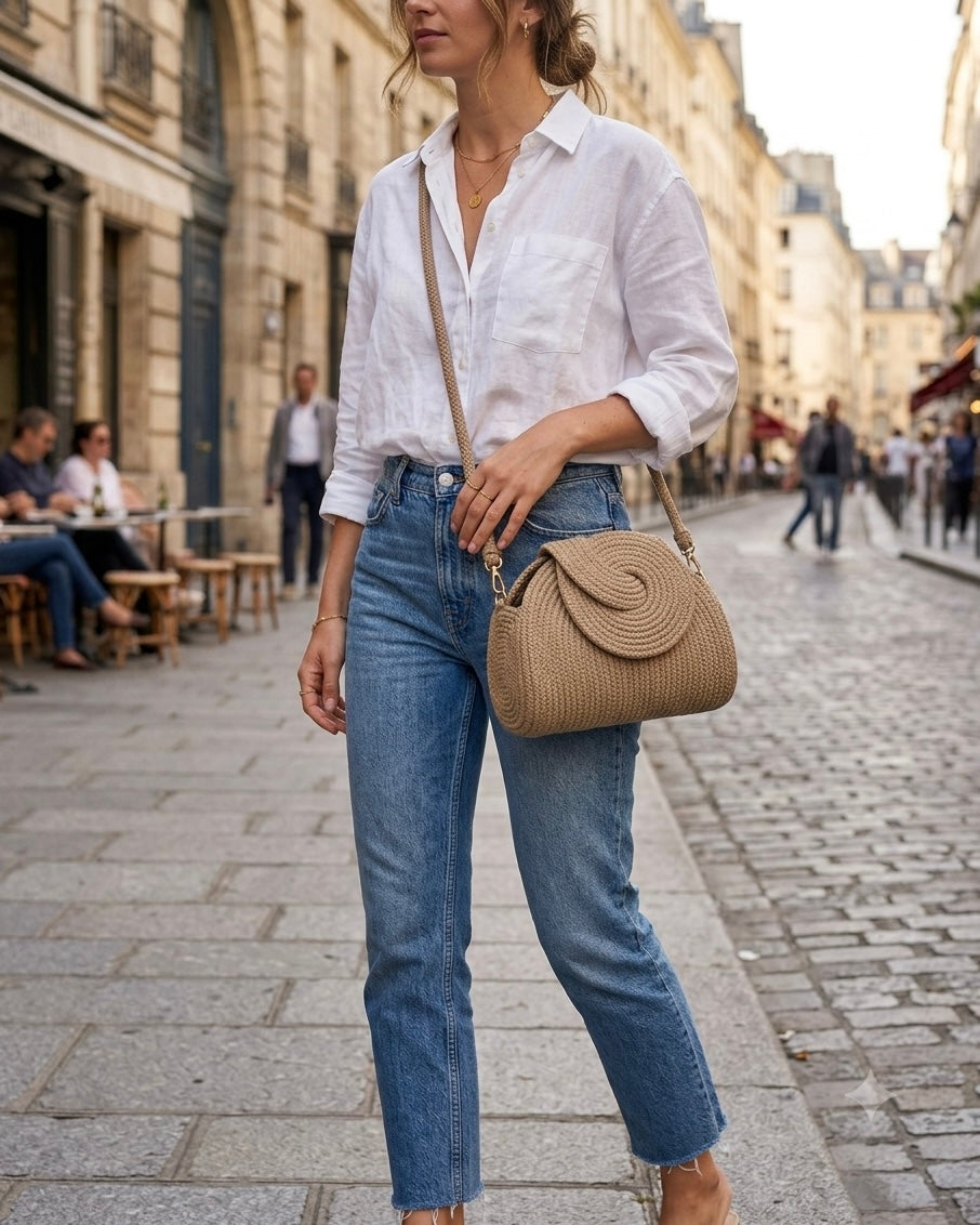 Sac bandoulière Gouna beige naturel porté à l'épaule avec une tenue de ville estivale