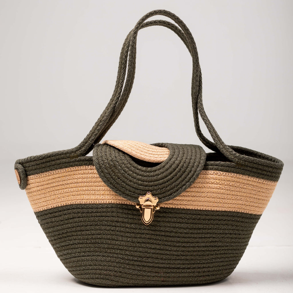 Sac à main Memphis vert et beige avec un arrière plan blanc.