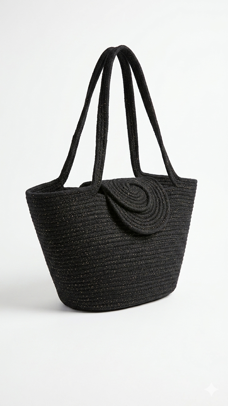 Sac cabas Nout de Maison Niléa, noir pailleté et scintillant, tressé à la main, présenté en studio sur fond blanc, mettant en valeur sa texture étoilée et son rabat en relief.